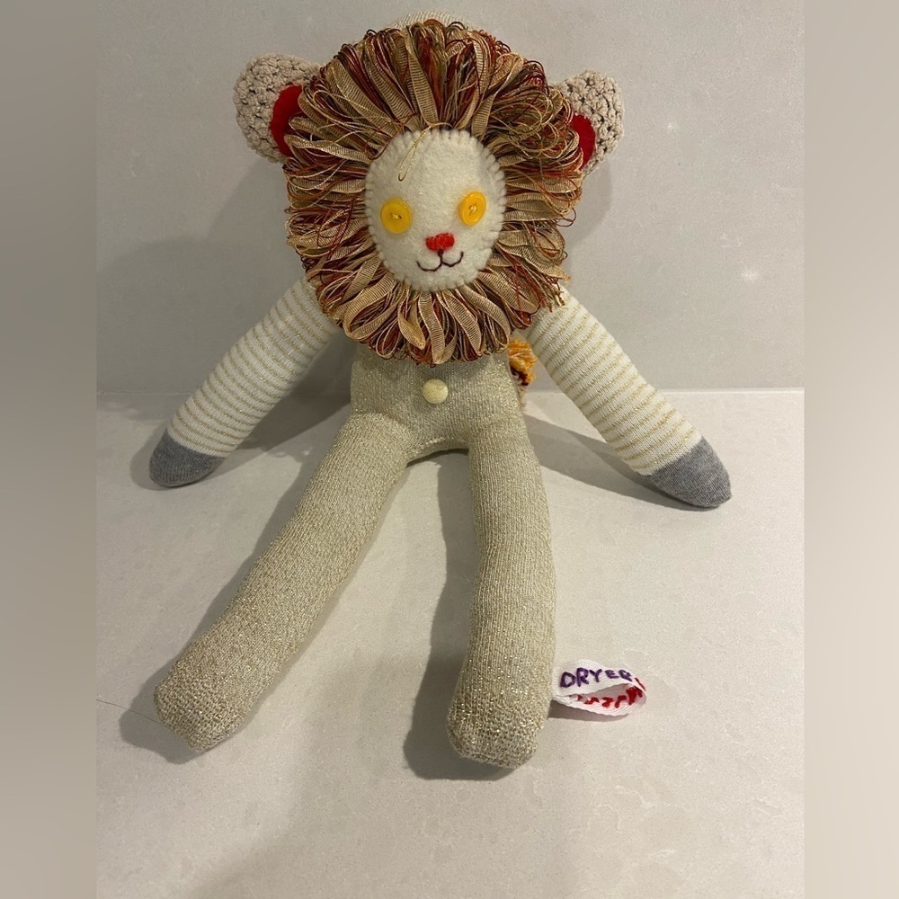 Handmade folk art lion plush stuffed animal vintage sock lion